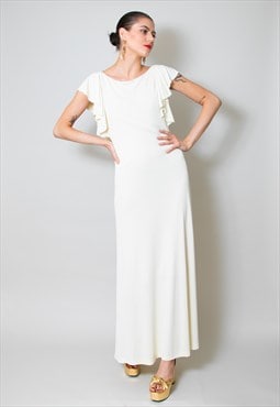 70's Cream Vintage Maxi Dress With A Low Ruffle Back Detail
