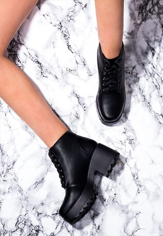 HOTHEAD LACE UP CLEATED SOLE PLATFORM BLOCK HEEL ANKLE BOOTS