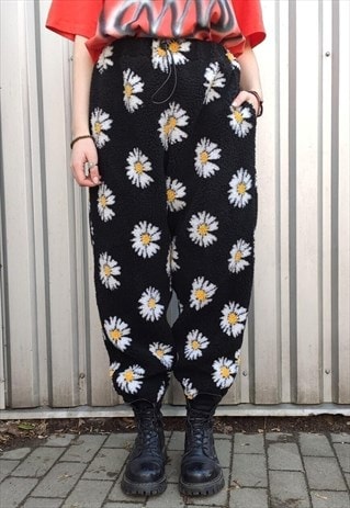 Daisy fleece joggers custom made sunflower overalls in black