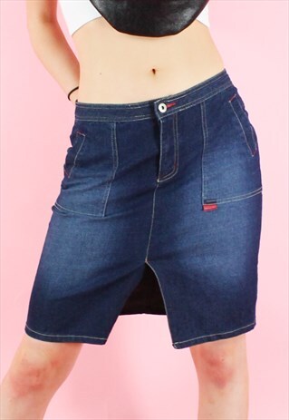 VINTAGE 90S DENIM SKIRT Y2K NAVY BLUE WASHED MINI