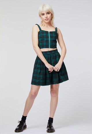 DANGERFIELD GREEN TARTAN PLEATED MINI SKIRT