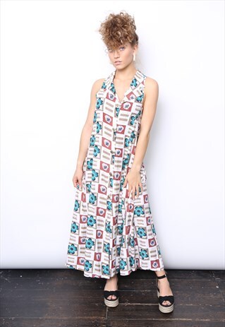 VINTAGE 90S PRINT HALTER NECK PRINT BUTTON MIDI DRESS