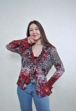 Leopard ruffle shirt, lolita ruffled blouse MEDIUM size red 