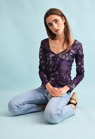 90'S RETRO KITSCH FESTIVAL ORIENTAL PRINT MESH TOP BLOUSE
