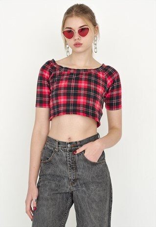 VINTAGE RED CHECKED SLEEVELESS RETRO CROP TOP