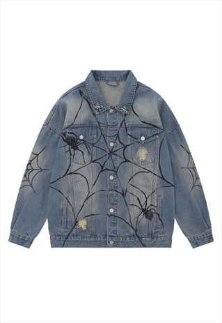 SPIDER WEB DENIM JACKET PUNK VARSITY GRUNGE GOTH JEAN BOMBER