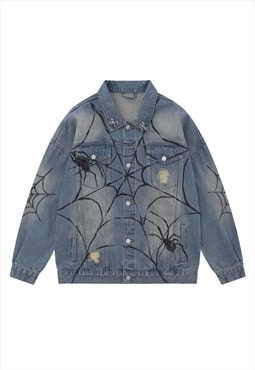Spider web denim jacket punk varsity grunge goth jean bomber