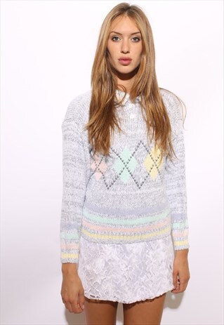 VINTAGE 1980'S 80'S PASTEL ARGYLE GRAY SWEATER JUMPER S-M