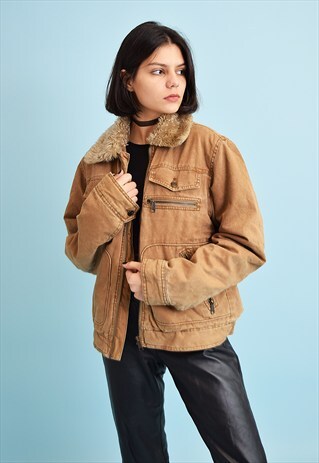 VINTAGE 90'S RETRO FAUX FUR DENIM SHERPA SHEARLING JACKET