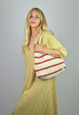 Vintage Beige & Red Stripe Woven Crochet Basket Beach Bag