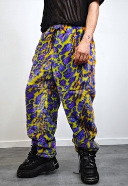 Leopard faux fur joggers purple neon trousers animal print