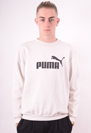 PUMA MENS VINTAGE SWEATSHIRT JUMPER SMALL WHITE 90S