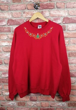 Vintage Red Embroidered Collar Christmas Tree Sweatshirt