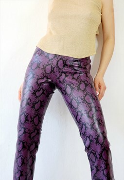 90s Vintage Leather Pants High Waist Snake Print Trousers