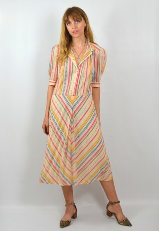 VINTAGE 70S PASTEL STRIPE BOHO SUMMER MIDI DRESS