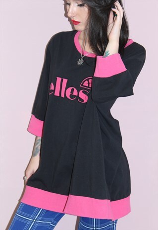 90S VINTAGE ELLESSE PINK OVERSIZED BLACK 3/4 SLEEVE TOP