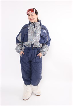 90s one piece ski suit, vintage blue ski jumpsuit, retro