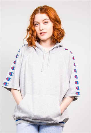 VINTAGE 90'S CHAMPION GREY SHORT SLEEVE HOODIE SWEATSHIRT
