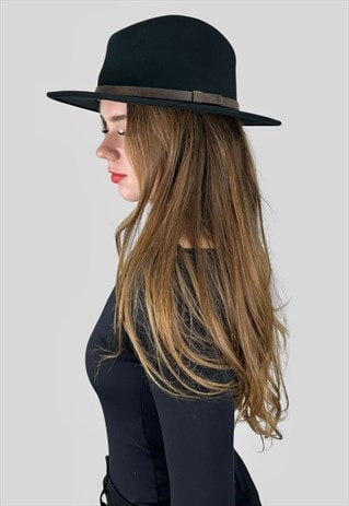 New Vintage Style Ladies Hat Fedora Black Wool Wide Brim