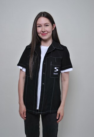 VINTAGE WORK WEAR SHIRT, BLACK BUTTON UP SHIRT - MEDIUM