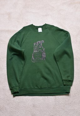 Women's Vintage 90s Green Animal Sanctuary Print Sweater