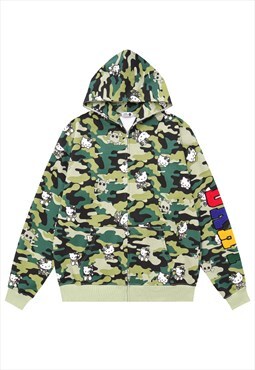 Military print hoodie anime pullover Kawaii top camo green