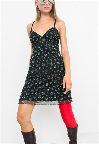 VINTAGE MINI SUMMER SLIP DRESS BLACK BLUE FLORAL ROMANTIC
