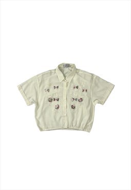 Womens Vintage 90s blouse cream button up patterned shirt