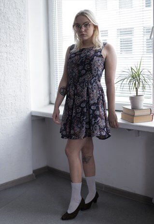 VINTAGE 90'S MINI NAVY PATTERNED SLEEVELESS DRESS