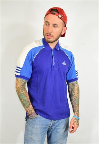 VINTAGE 90S ADIDAS BLUE WHITE POLO T SHIRT
