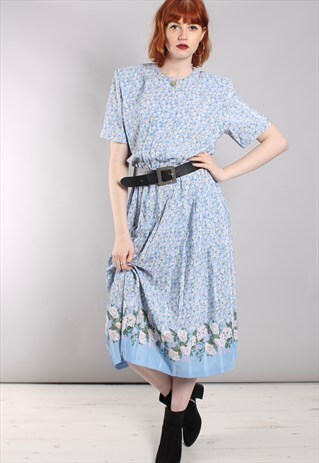 VINTAGE 80S FLORAL PATTERNED PLEATED MIDI DRESS
