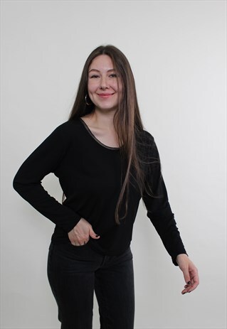 Y2K LONG SLEEVE PULLOVER TOP, VINTAGE BLACK MINIMALIST CROP