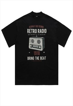 Retro radio t-shirt old raver print tee old school top black