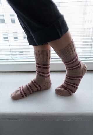 BROWN STRIPED HANDMADE KNITTED WOOL SOCKS