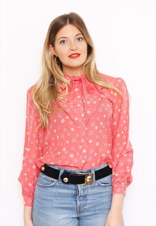 VINTAGE 80S PINK POLKADOT PUSSY BOW SHIRT BLOUSE