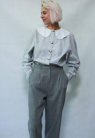 VINTAGE 80' CUTE LIGHT GREY SHIRT WITH BEAUTIFUL COLLAR