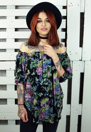 REWORKED VINTAGE FLORAL BARDOT BUTTON UP BLOUSE