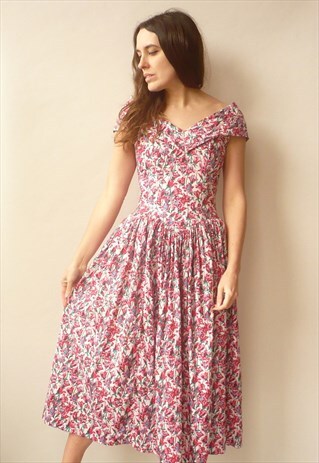 1980'S VINTAGE PINK FLORAL PRINTED PROM DRESS SUMMER DRESS
