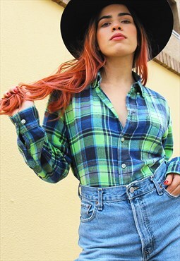 Green & Blue Check Thick Flannel Long Sleeved Shirt 
