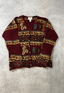 Vintage Knitted Cardigan Flower Patterned Chunky Sweater