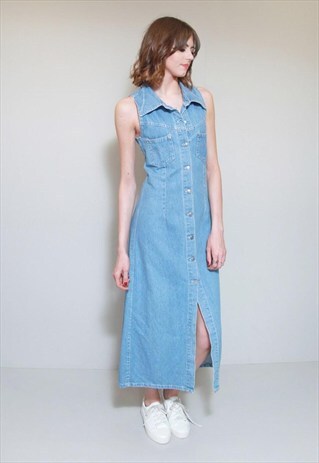 VINTAGE 1990'S LIGHT BLUE BUTTON FRONT DENIM MAXI DRESS