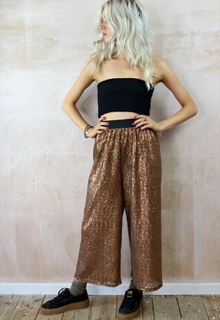 CROPPED TROUSERS IN BUTTERSCOTCH BROWN SEQUINS