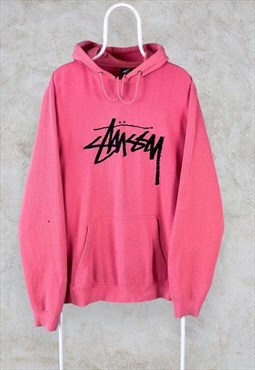Stussy Pink Hoodie Pullover Embroidered Spell Out USA XL