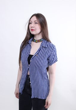 Vintage Blue plaid button up, checkered button down blouse 