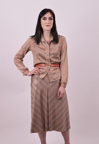 VINTAGE 70'S CRAZY PRINT DRESS SKIRT & MATCHING BLOUSE 12 14