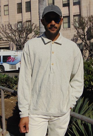 MINIMALIST SKATER SURFER GREY KNIT POLO SWEATSHIRT LARGE