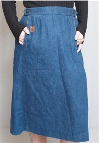 VINTAGE 1970'S DARK WASH A LINE DENIM MIDI SKIRT