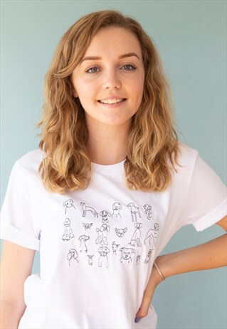 ORGANIC UNISEX T-SHIRT IN WHITE WITH DOODLE DOG EMBROIDERY