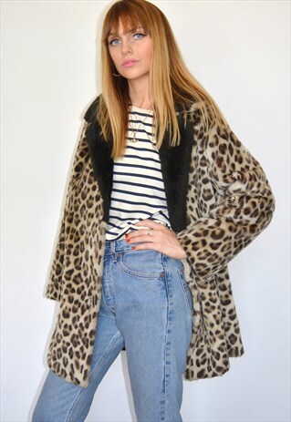 VINTAGE 60S BLACK & LEOPARD PRINT FAUX FUR COAT