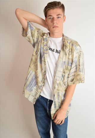 VINTAGE SILK SHIRT FESTIVAL PRINT 90'S SIZE L (2633)